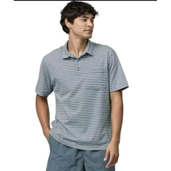 Patagonia Organic Cotton Blue Stripe Pocket Short Sleeve Polo Shirt Men's XL - Picture 1 of 9